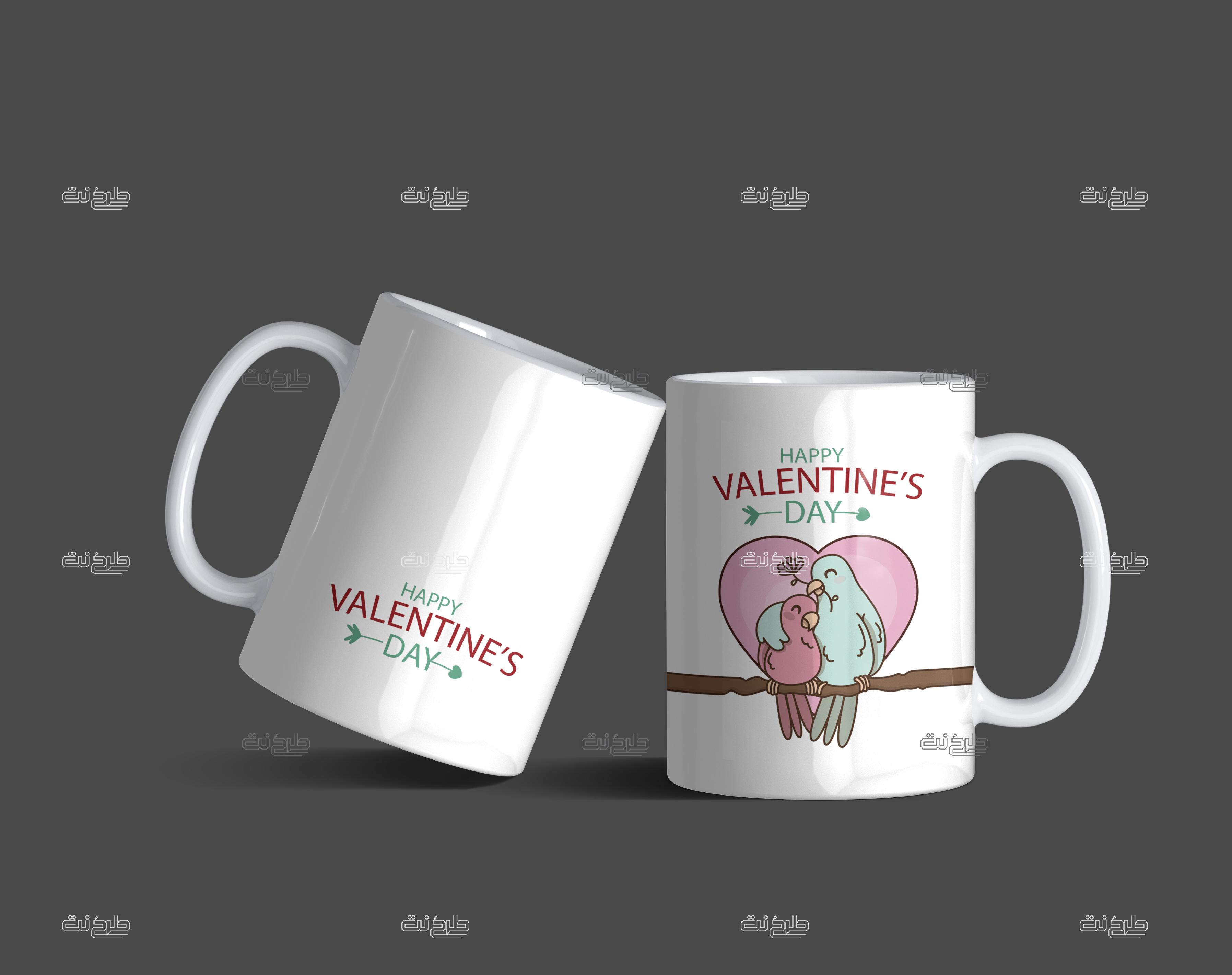 دانلود طرح لایه باز لیوان دو کبوتر عاشق با متن "Happy Valentine's Day"