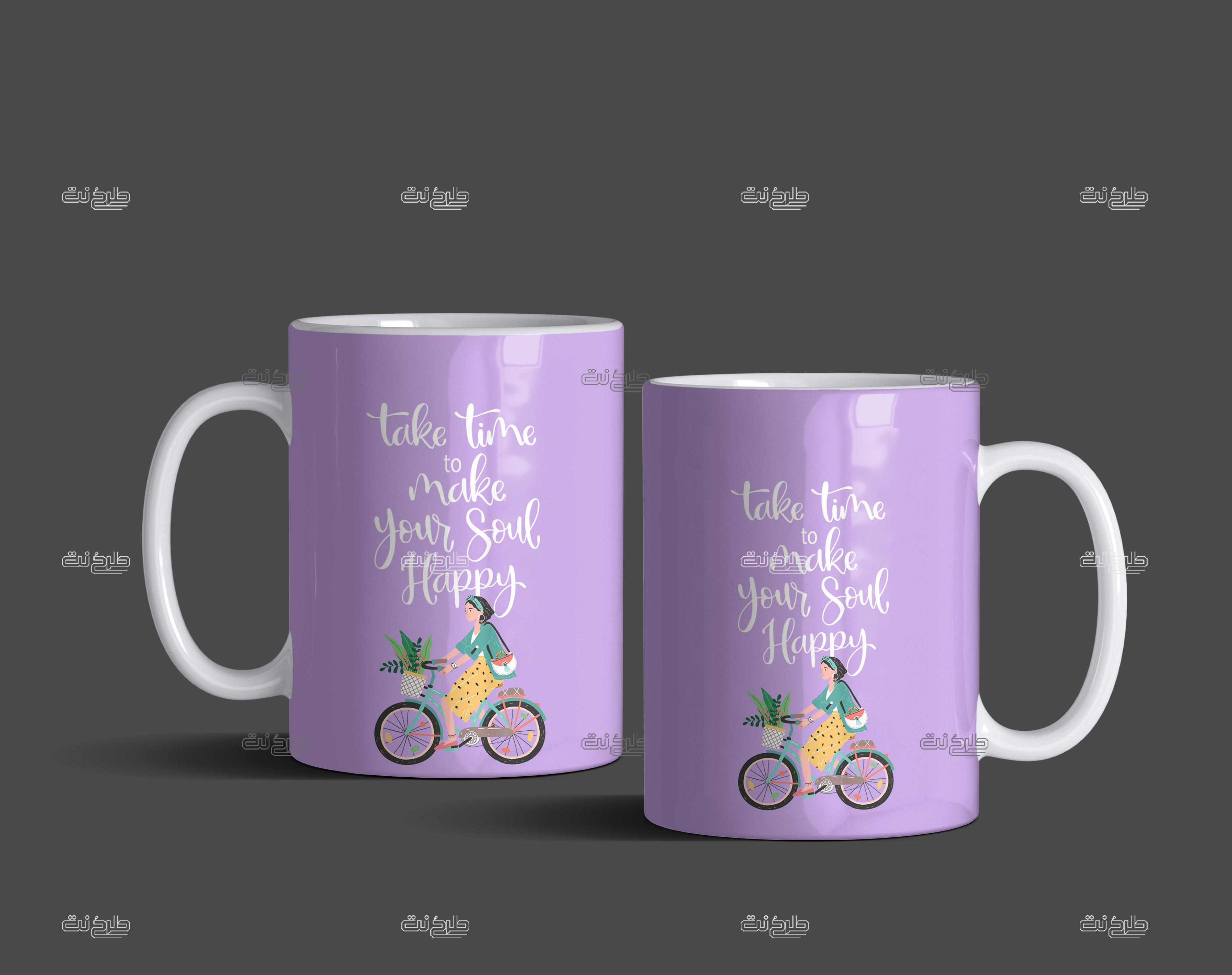 دانلود طرح لایه باز ماگ دخترک دوچرخه سوار با متن "take time to make your soul Happy"